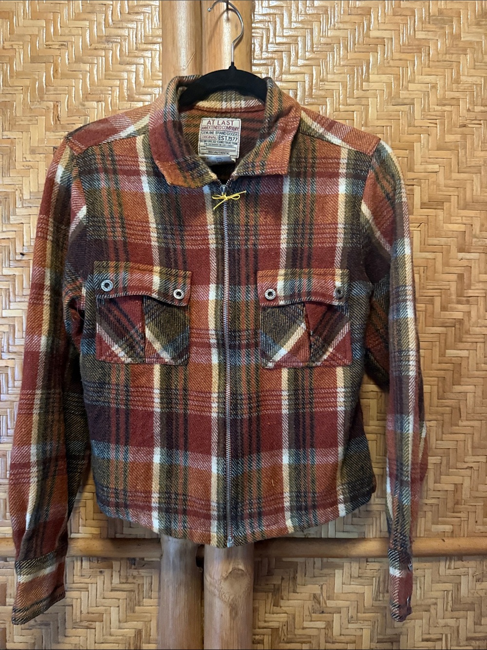 At Last Vintage Plaid Wool Flannel Zip Jacket in Rust, Olive & Cream medium